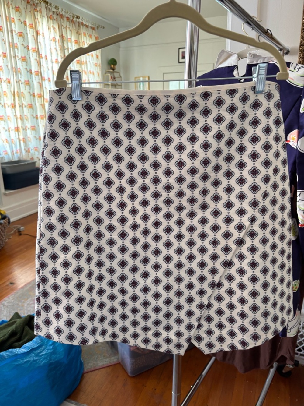 LOFT Cream Mini Skirt with Navy and Burgundy Geometric Pattern